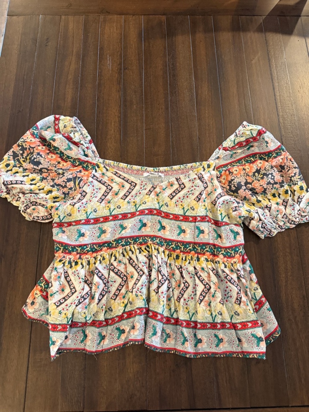 O'Neill Cream Floral Puff Sleeve Peplum Top